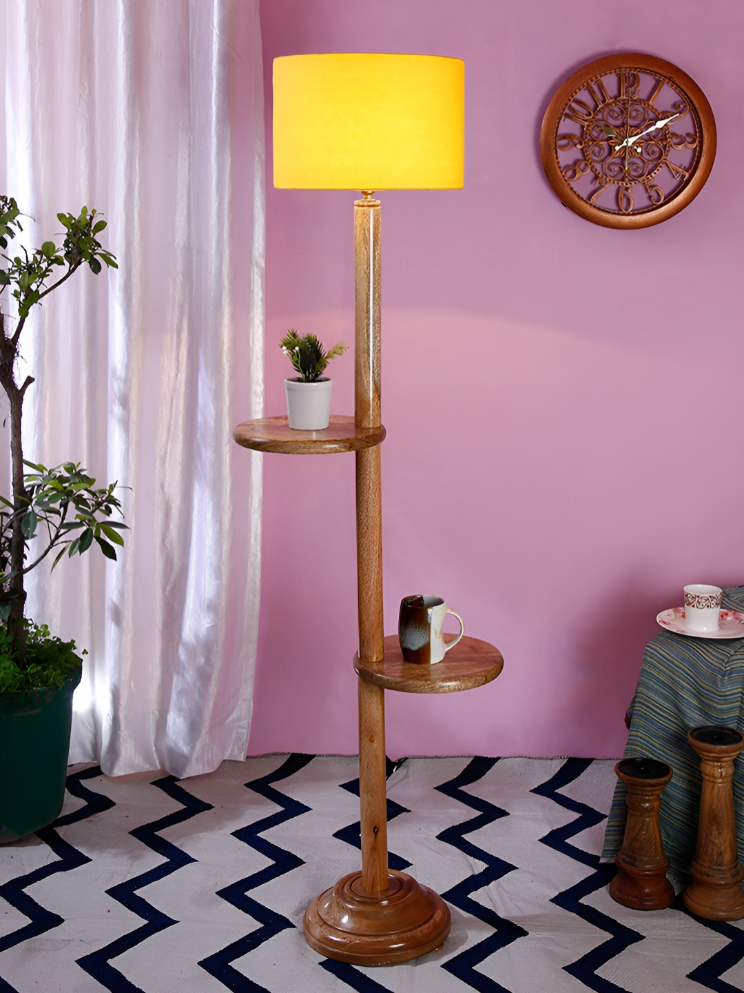 Devansh Yellow And Brown Cylinder Shaped Wooden Floor Lamp With Shelves