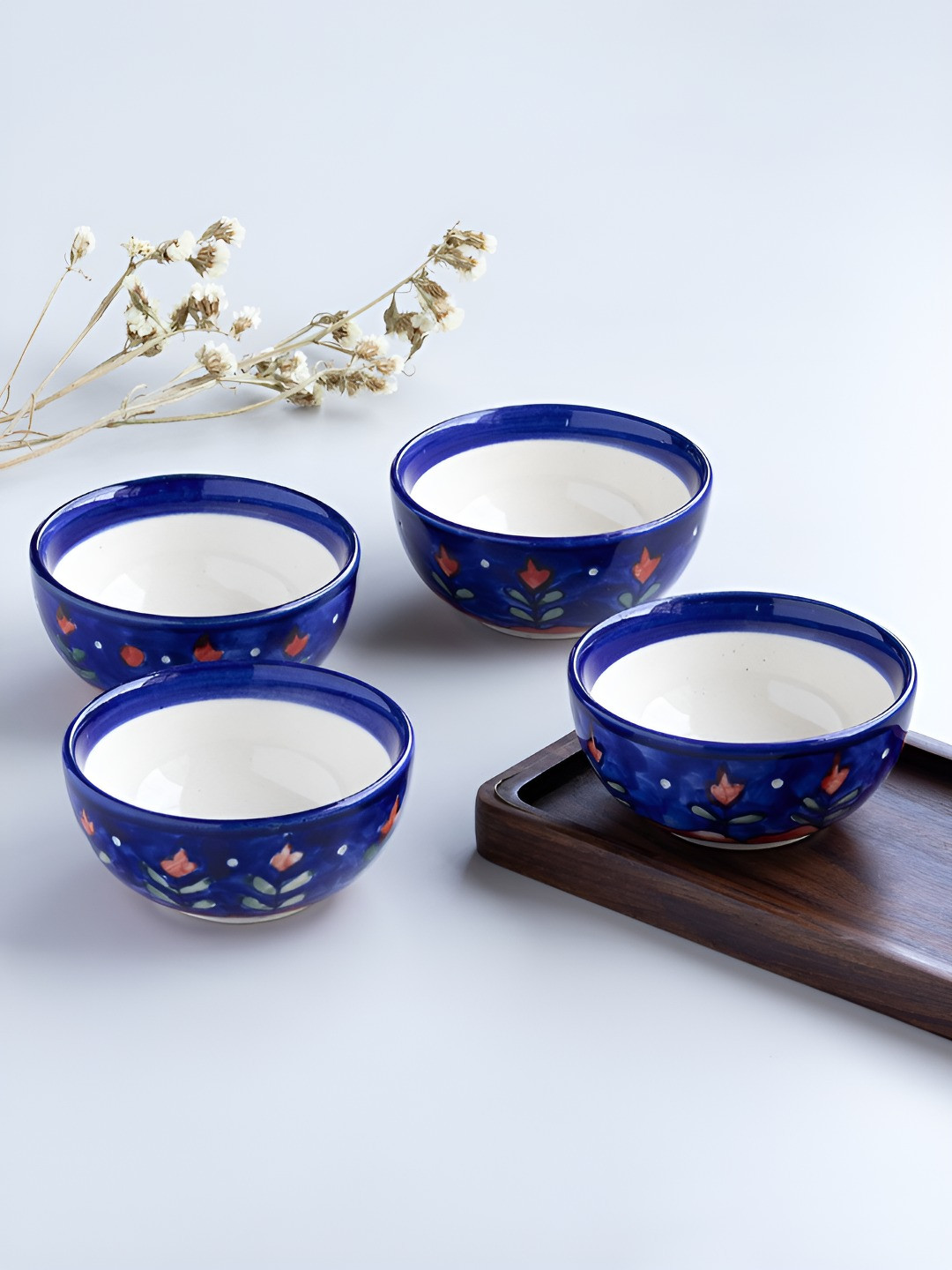 Eyaas Blue & Red 4 Pieces Hand-Painted Ceramic Portion Bowls