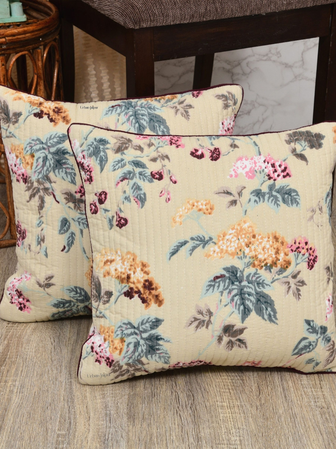 Urban Jaipur Floral Cotton Lightweight 2 Pcs Square Cushion Covers - 16 x 16 In
