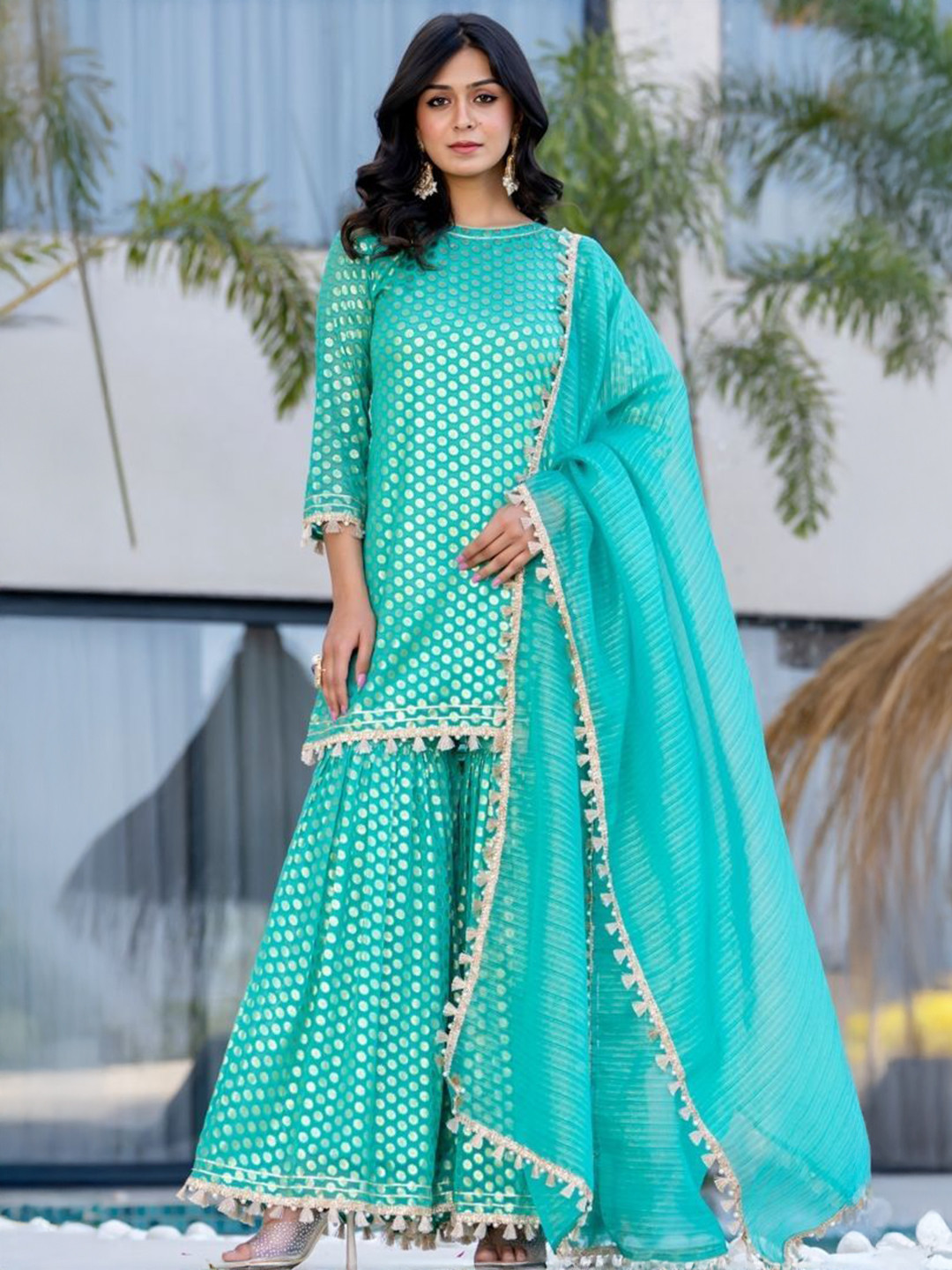 HOUSE OF JAMOTI Nazreen Brasso Floral Printed Boat Neck Kurti With Sharara & Dupatta