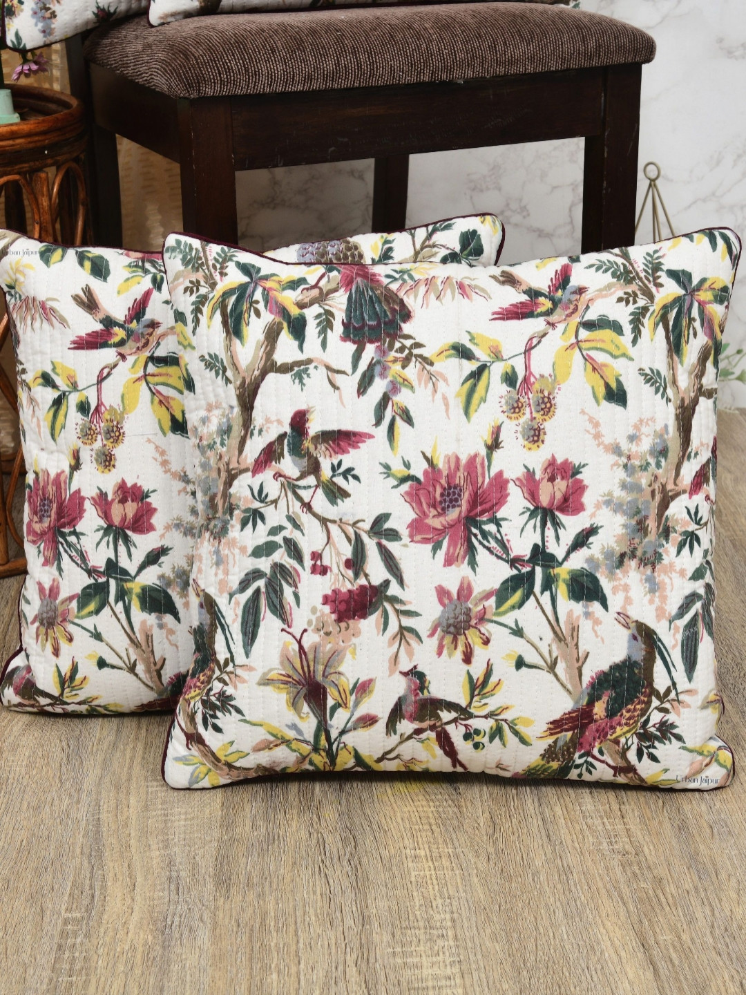 Urban Jaipur Floral Cotton Lightweight 2 Pcs Embroidered Square Cushion Covers -16x16In