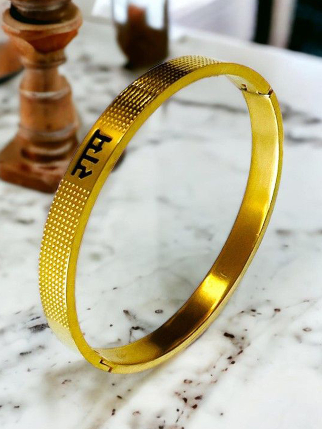 Ringzinnie Men Stainless Steel Gold-Plated Ram Naam Kada Bracelet