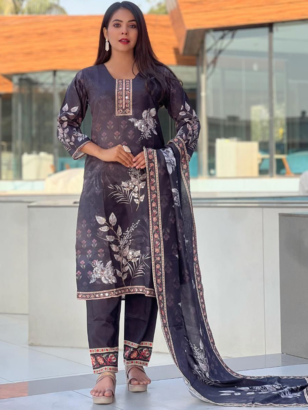 BINDUDI Floral Printed U-Neck Mirror Work Muslin Straight Kurta With Trousers & Dupatta