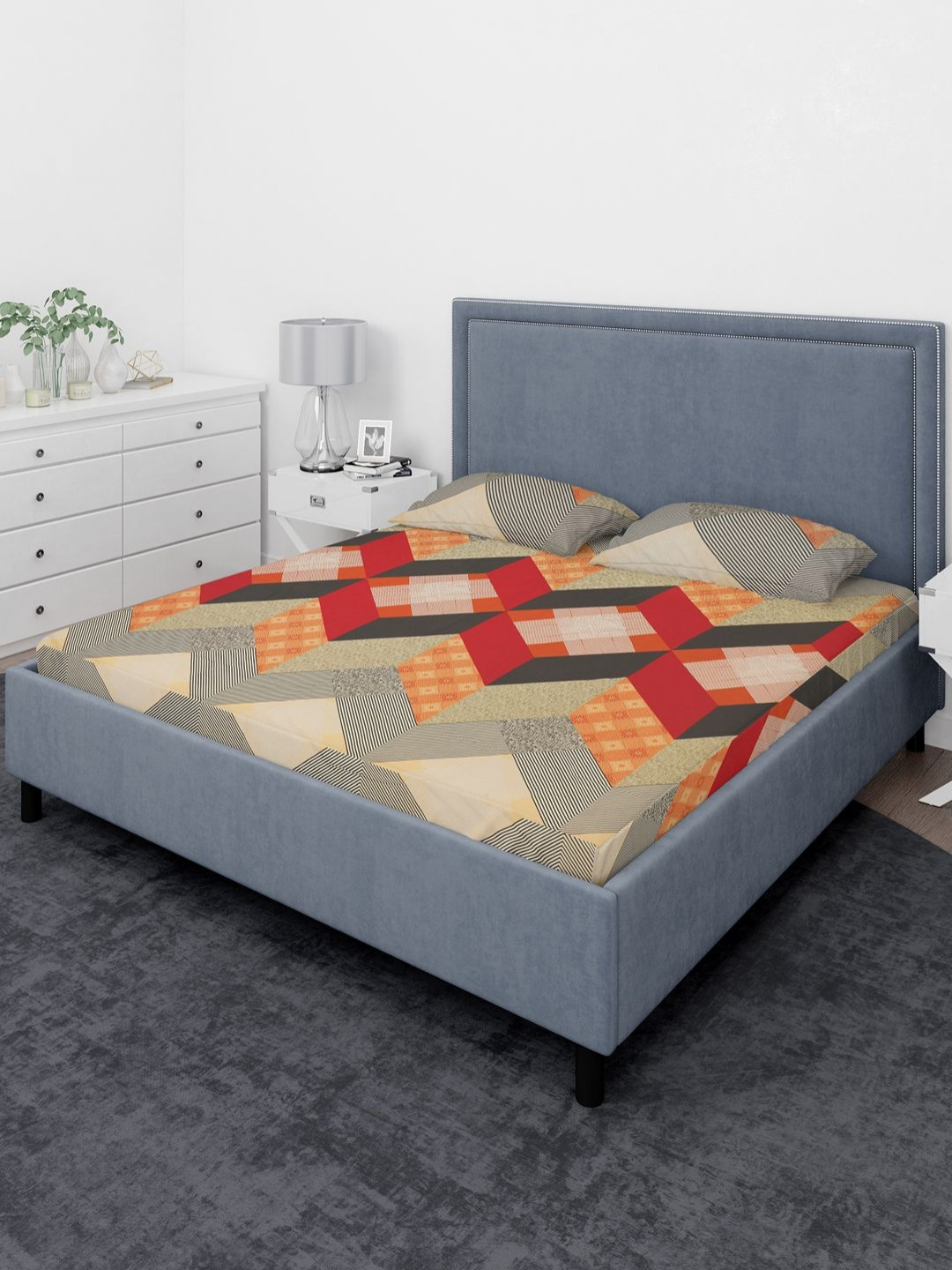 THE CONVERSION Grey Geometric Pure Cotton Skin-Friendly 210 TC Queen Fine Bedsheet with 2 Pillow Covers-90 x 100 inches