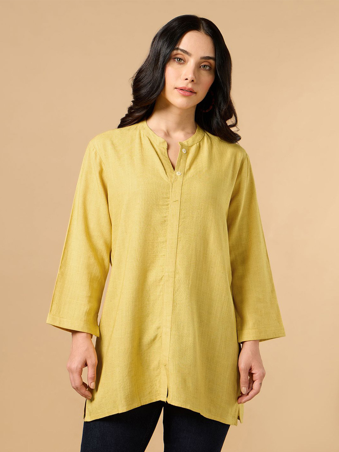 COTTONS DAILY Women Yellow Solid Mandarin Collar Cotton Linen Kurta