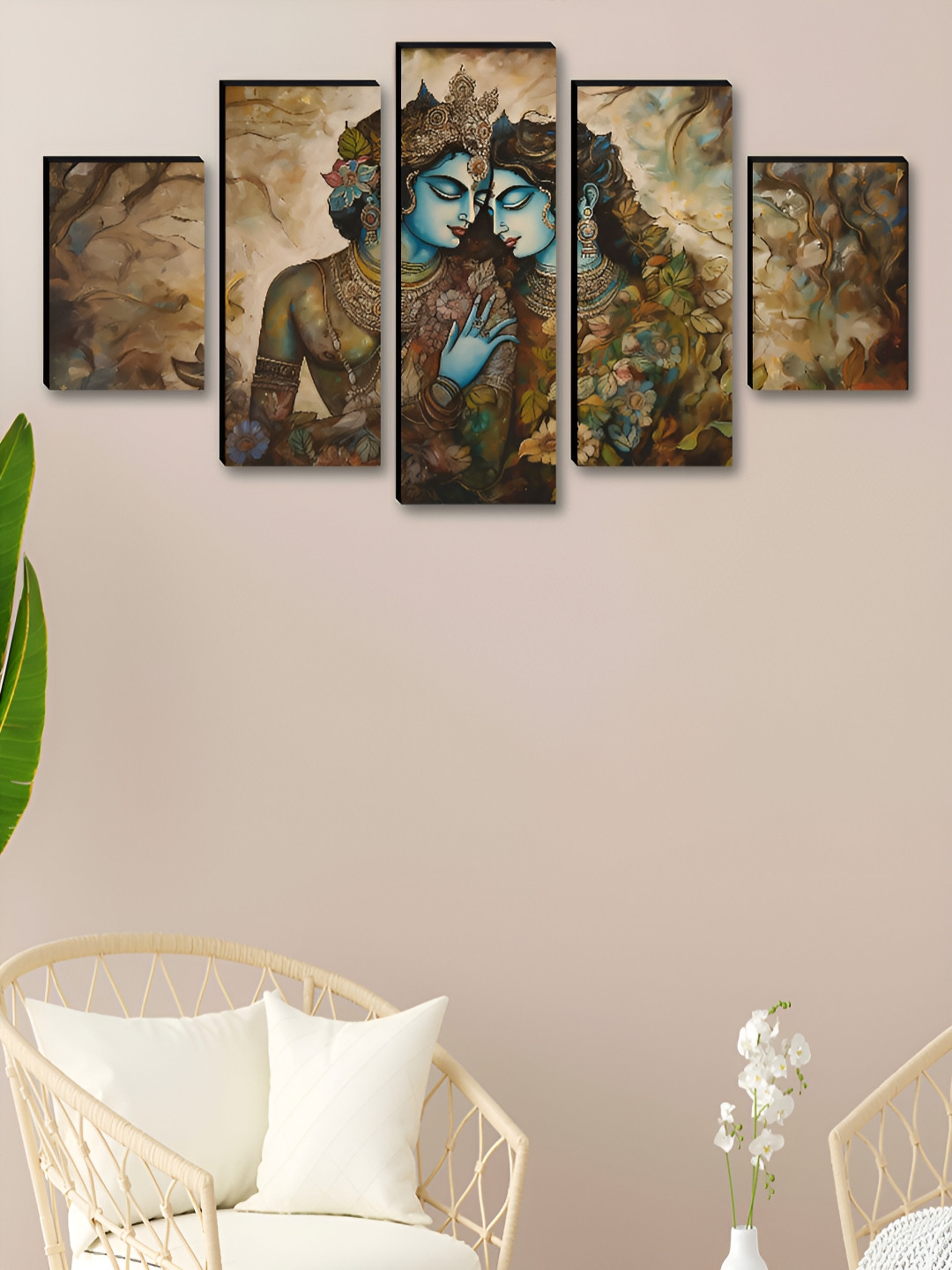 SAF Brown & Blue 5 Pieces Radha Krishna Wooden Wall Arts