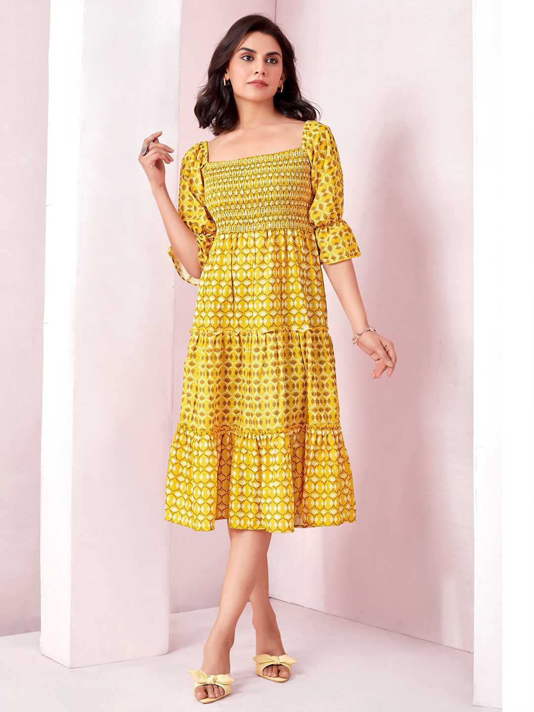 ASILYN Women Ethnic Motifs Puff Sleeves Smocked Fit & Flare Midi Dress