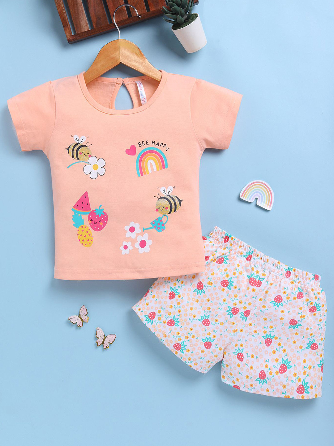 Toonyport Girls Printed Round Neck Pure Cotton T-Shirt With Shorts Clothing Set