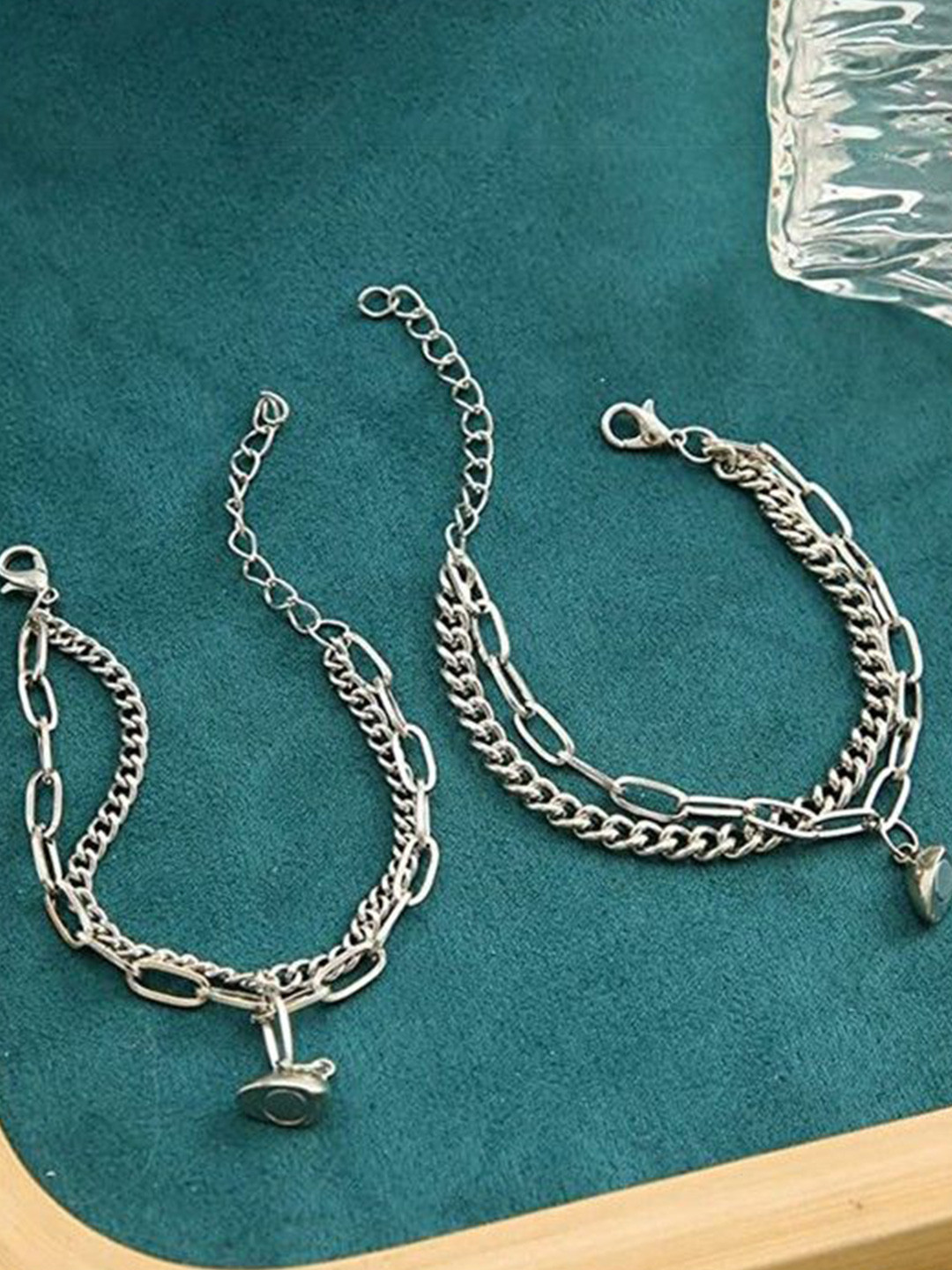 Ringzinnie Unisex Set Of 2 Stainless Steel Silver-Plated Couple Link Bracelet
