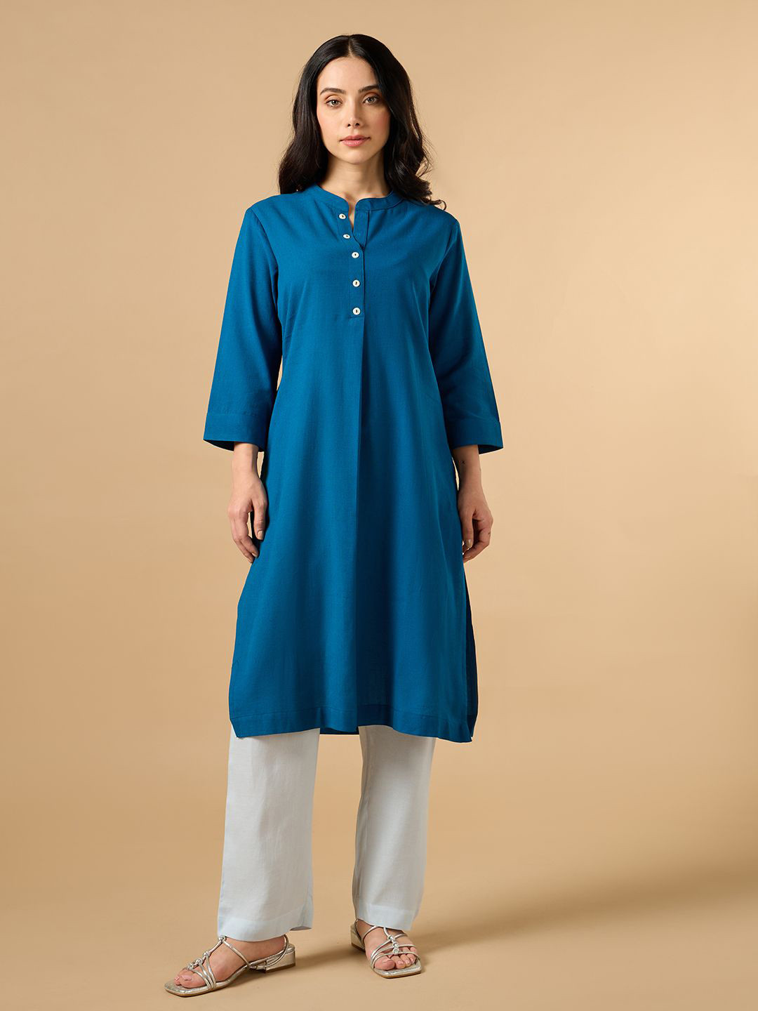 COTTONS DAILY Mandarin Collar Linen Straight Kurta