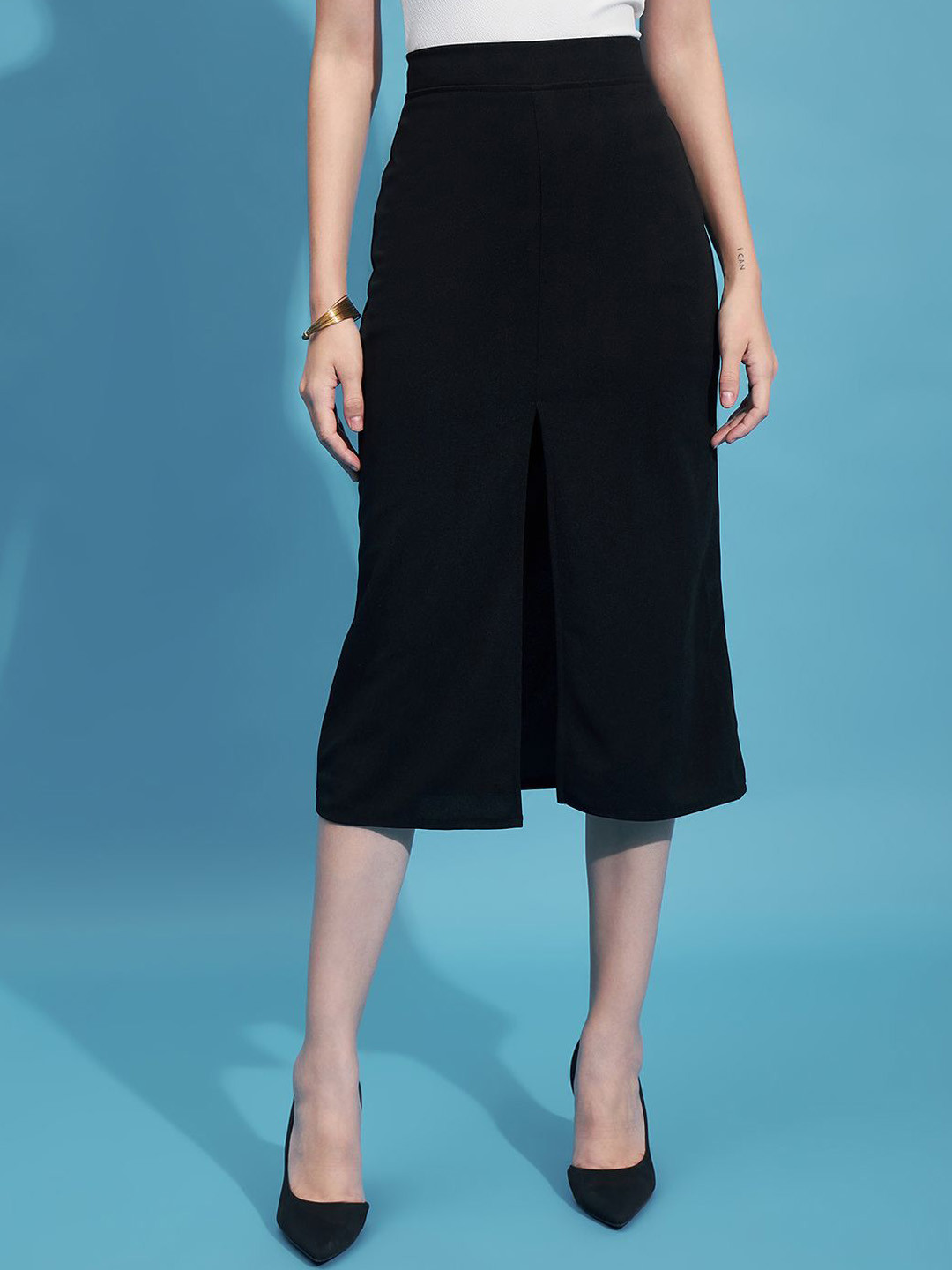 DIMPY GARMENTS Front Slit Straight Midi Skirt