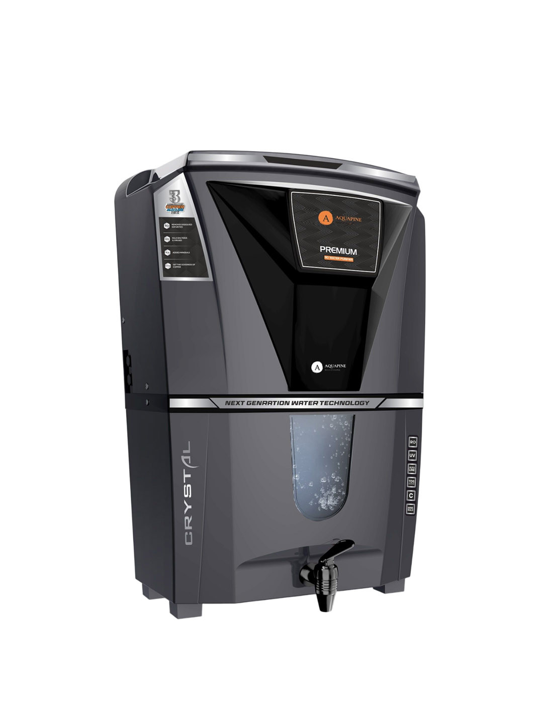 AQUAPINE Grey & Black Crystal Electric RO Water Purifier - 12 L
