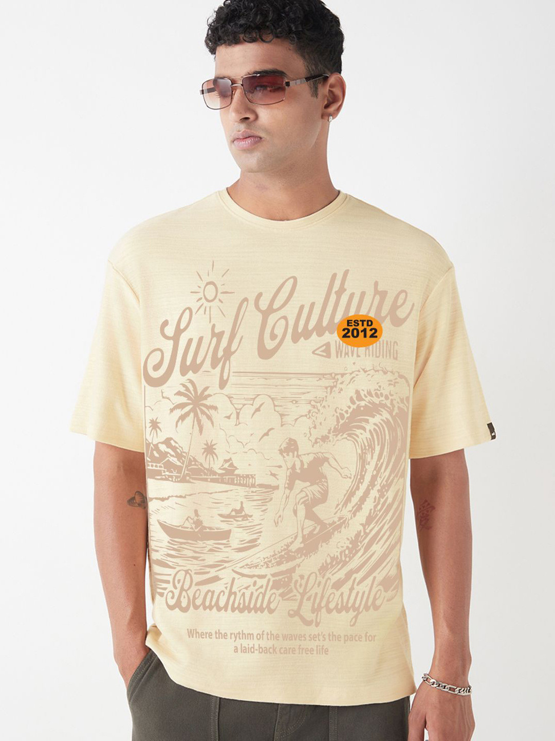 Bewakoof Air 1.0 Men's Off White Surfculture Graphic Printed Oversized T-shirt