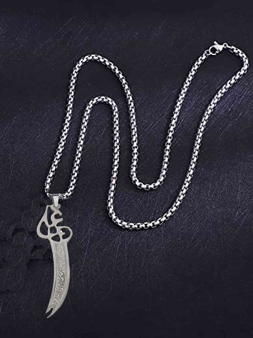 M Men Style Silver-Plated Stainless Steel Imam Ali Sword Pendant With Chains