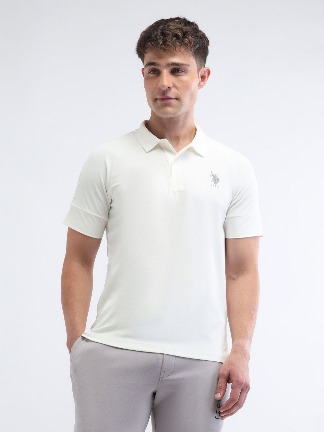 USPA Sport Men Polo Collar Applique Slim Fit T-shirt
