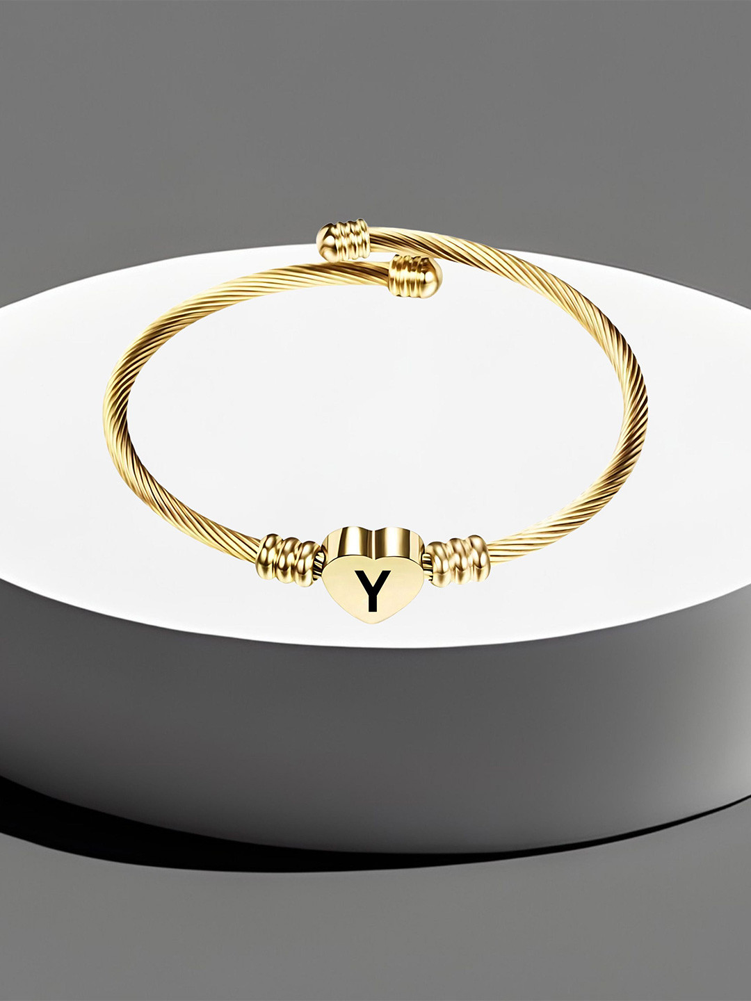 M Men Style Gold-Plated Stainless Steel Heart Initials Engraved Y Cuff Bracelet