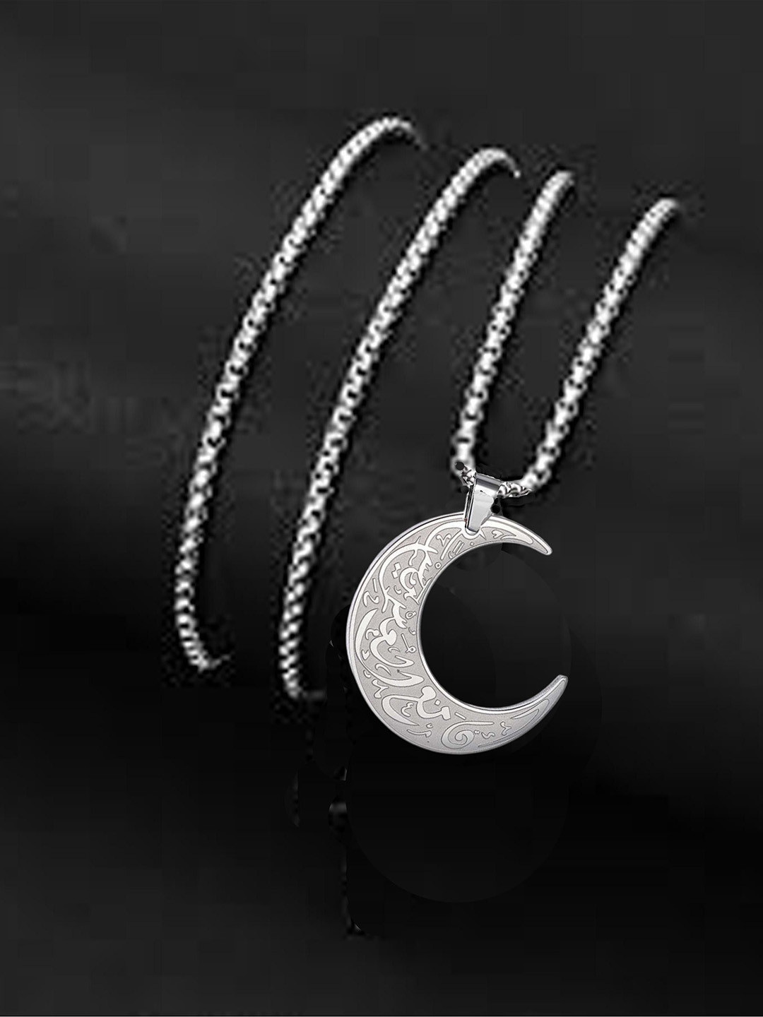 M Men Style Silver-Plated Stainless Steel Cresent Engraved Moon Ayatul Pendants & Chain
