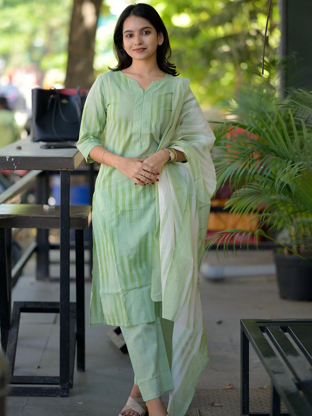 Anni Designer Stiped Notch Neck Kurta With Trousers & Dupatta