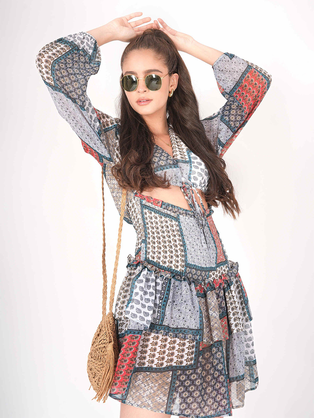 Geometric Print Long Sleeve Georgette Mini Dress