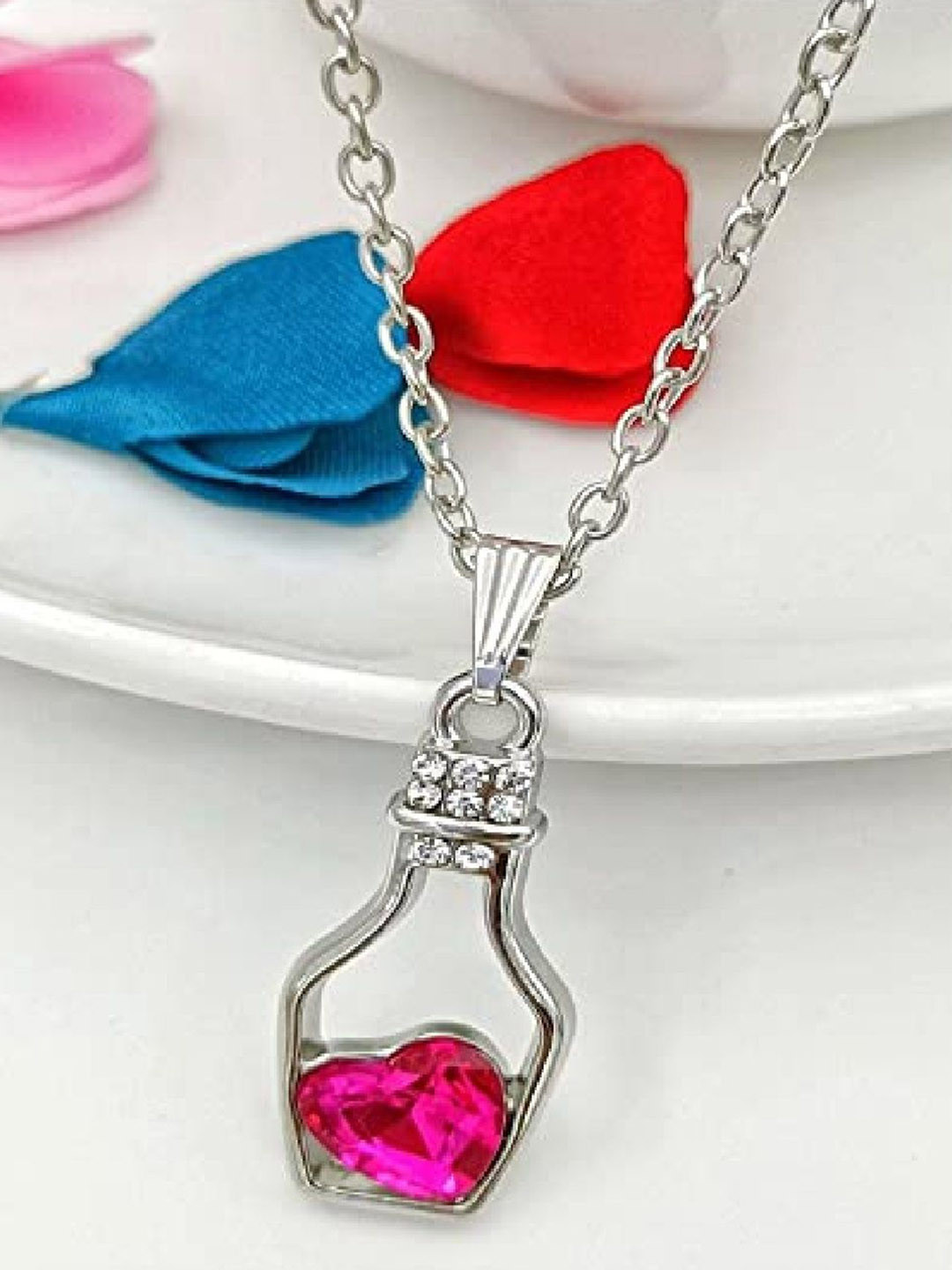 Crazy Fashion Stainless Steel Rhodium-Plated Bottle Heart Shaped Pendants With Chains