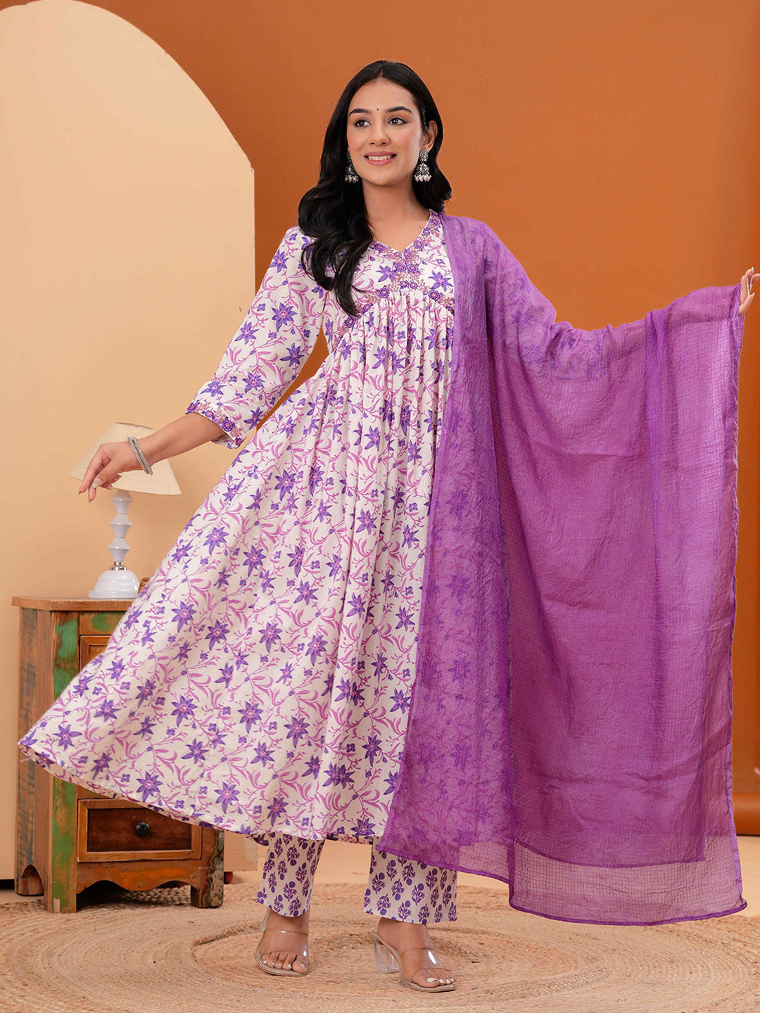 JAIMINI Floral Printed Empire V-Neck Pure Cotton A-Line Kurta With Trousers & Dupatta