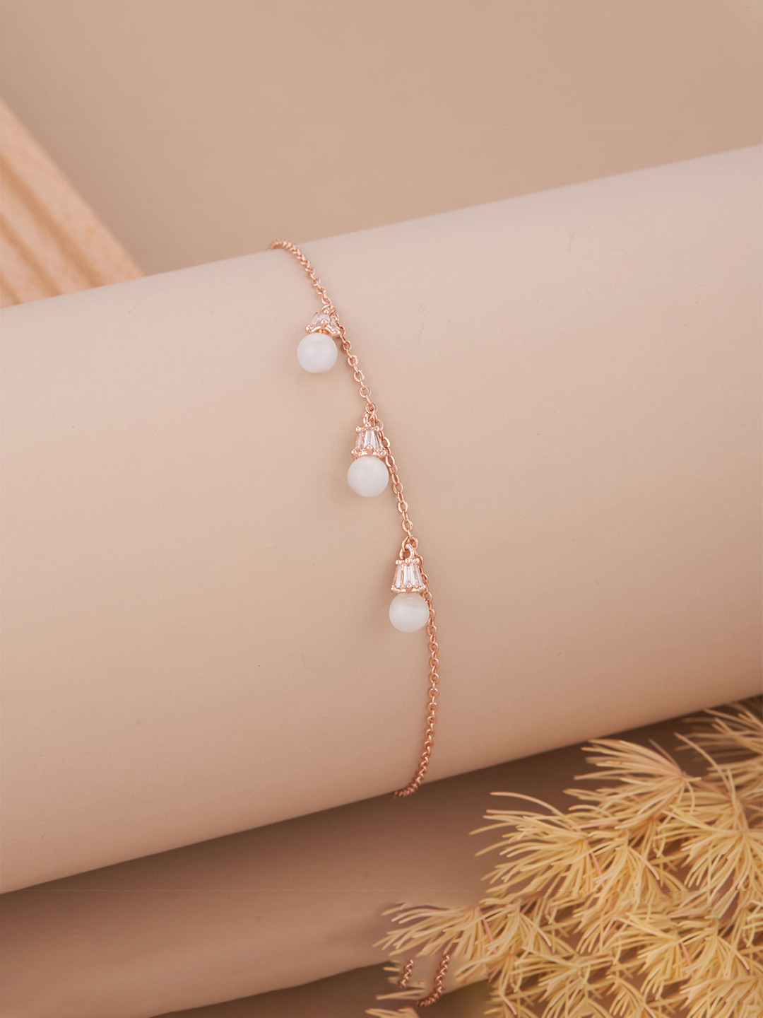 GC Jewelery Stainless Steel Rose Gold-Plated AD Studded & Pearls Beaded Link Bracelet