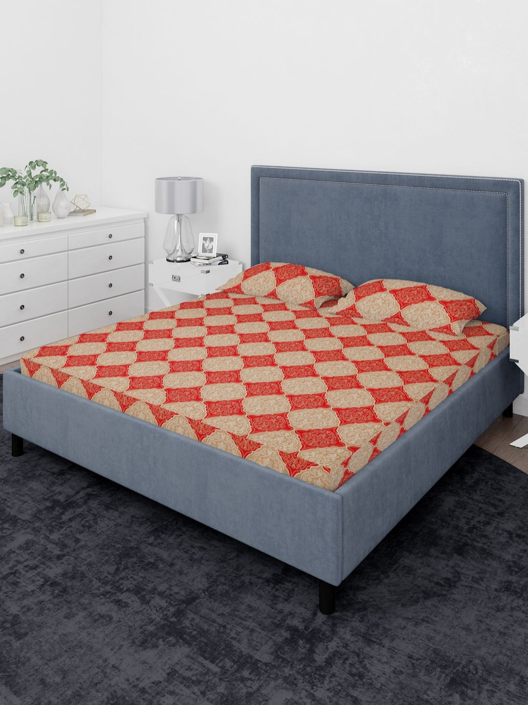 THE CONVERSION Beige Ethnic Motifs Pure Cotton Skin-Friendly 210 TC Queen Fine Bedsheet with 2 Pillow Covers-228 x 254 cm