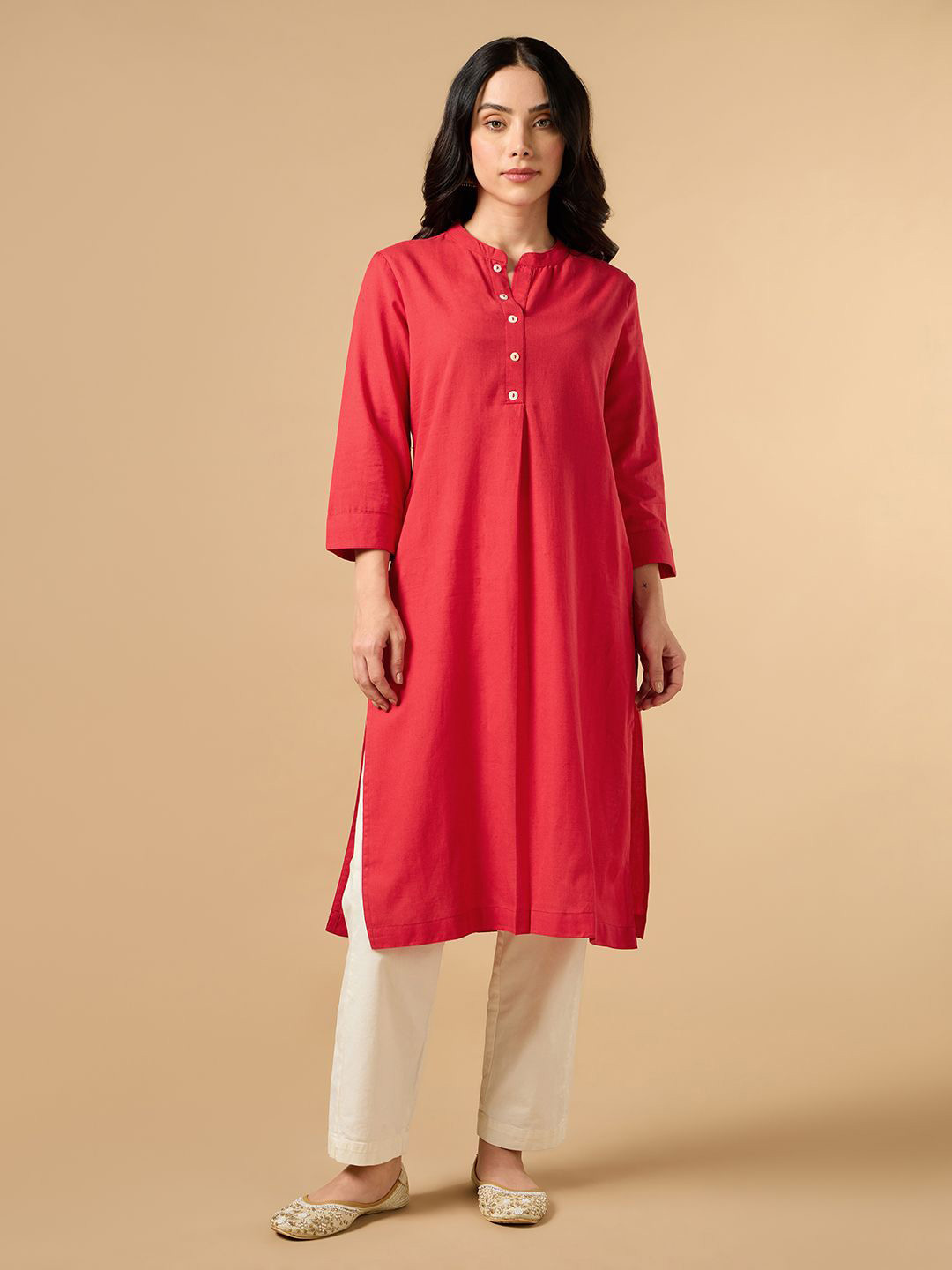 COTTONS DAILY Mandarin Collar Linen Straight Kurta