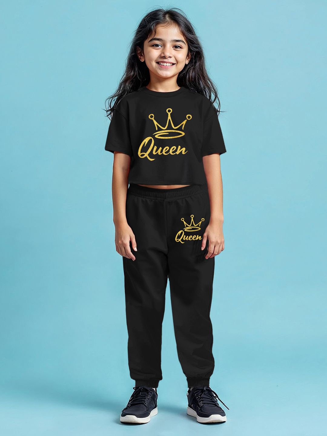 YK X Trampoline Girls Printed Round Neck Crop Top With Track Pant