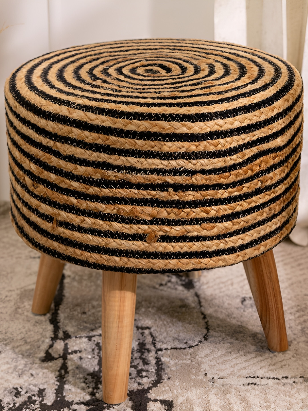 THREADVIBE LIVING Black & Brown Striped Wooden & Velvet Round Ottoman