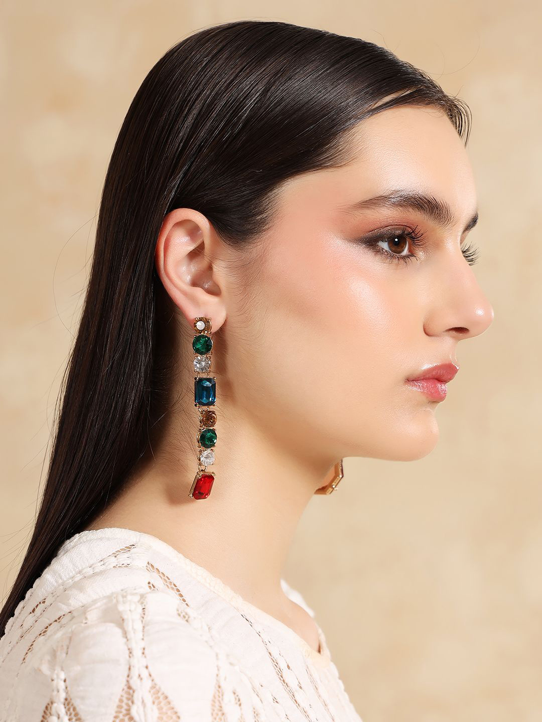 Kazo Rose Gold-Plated Geometric Shaped Gemstones Drop Earrings