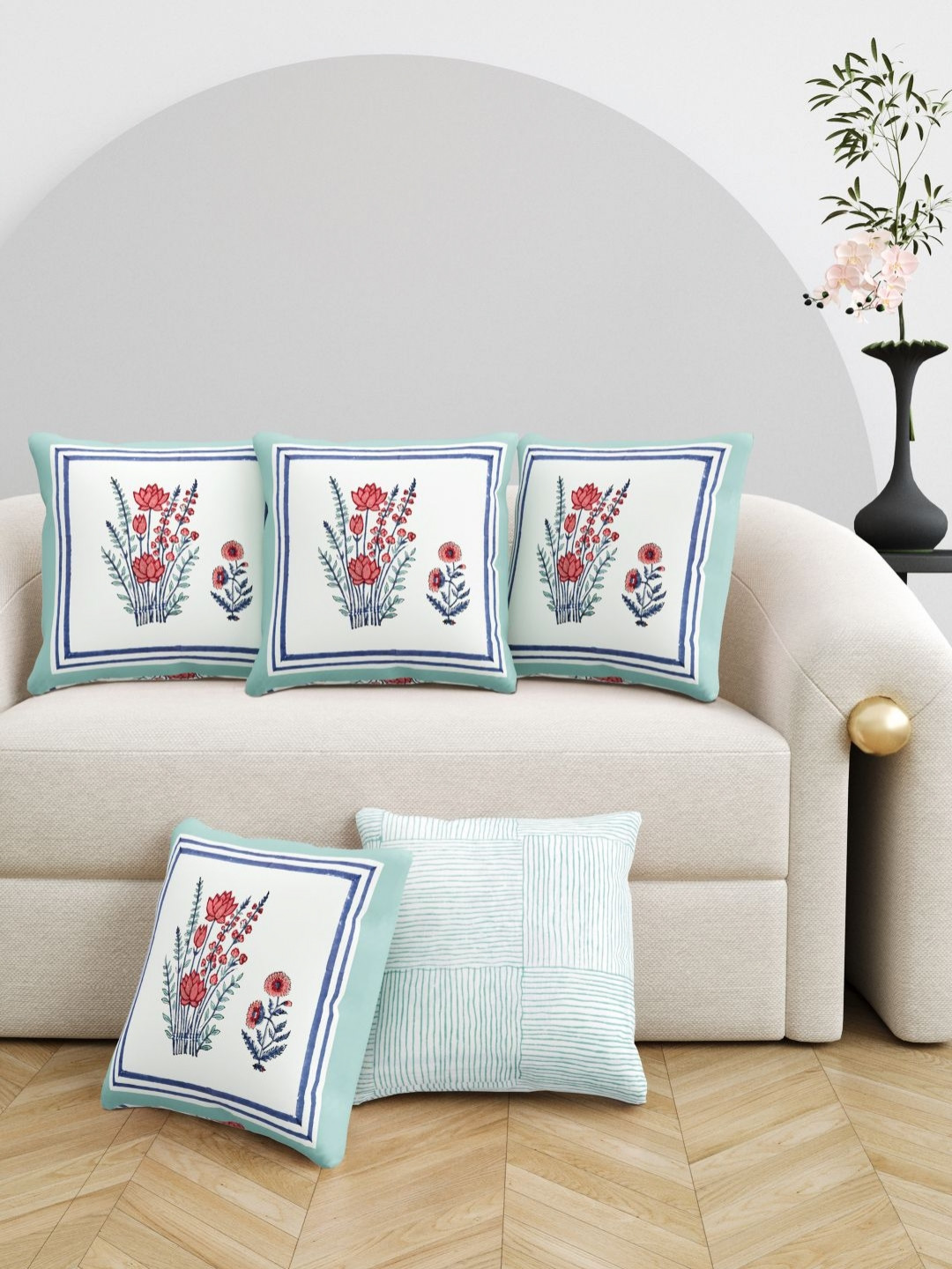BLOCKS OF INDIA Printed Floral Polyester Silk Breathable 5 Pcs Cushion Covers -16x16In