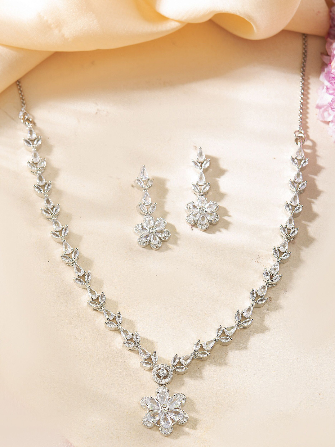 VOJ Silver-Plated American Stainless Steel Diamond-Studded Necklace And Earrings