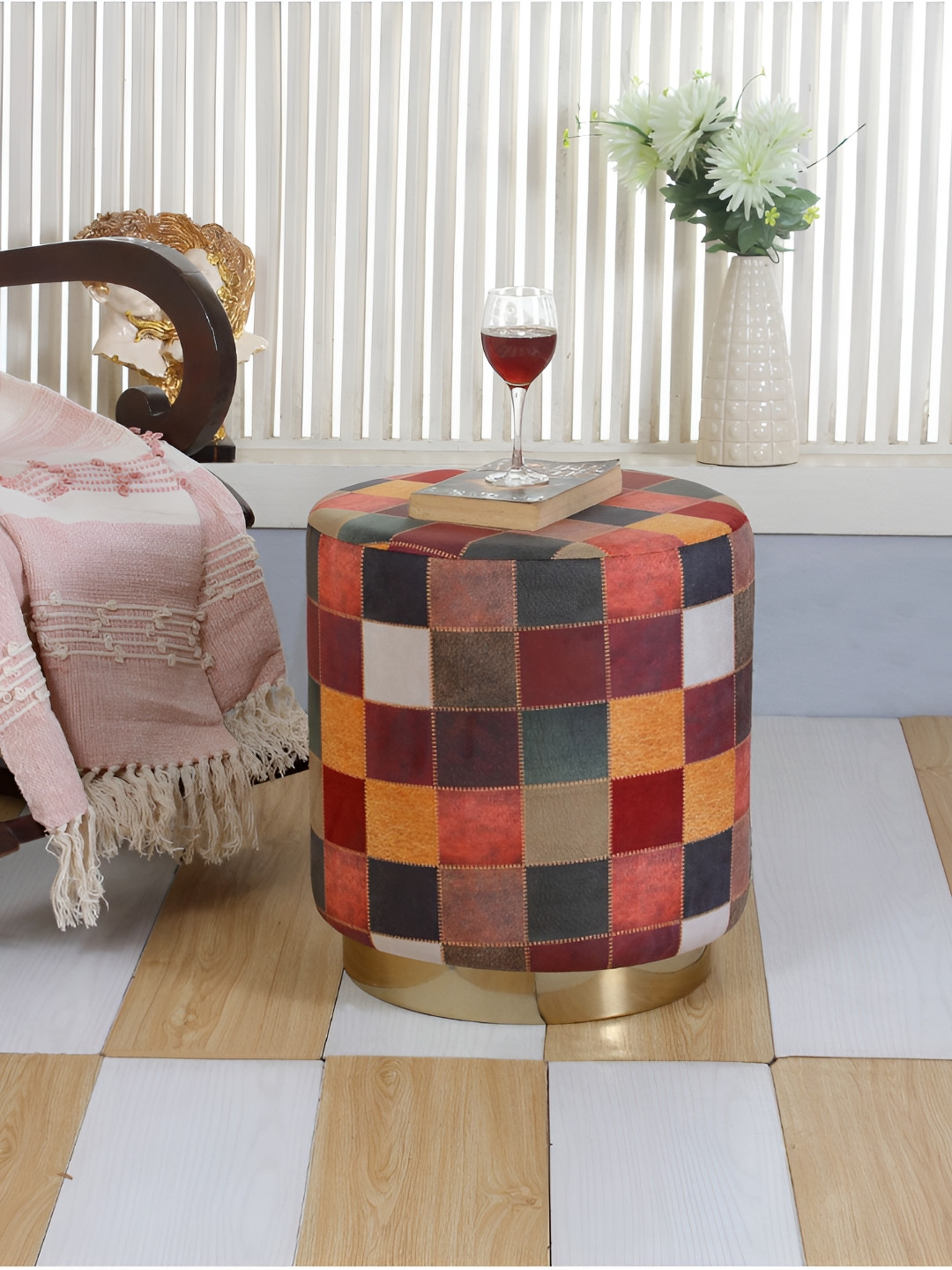 Shadowkart Red & Green Printed Wooden & Velvet Round Pedestal Ottoman