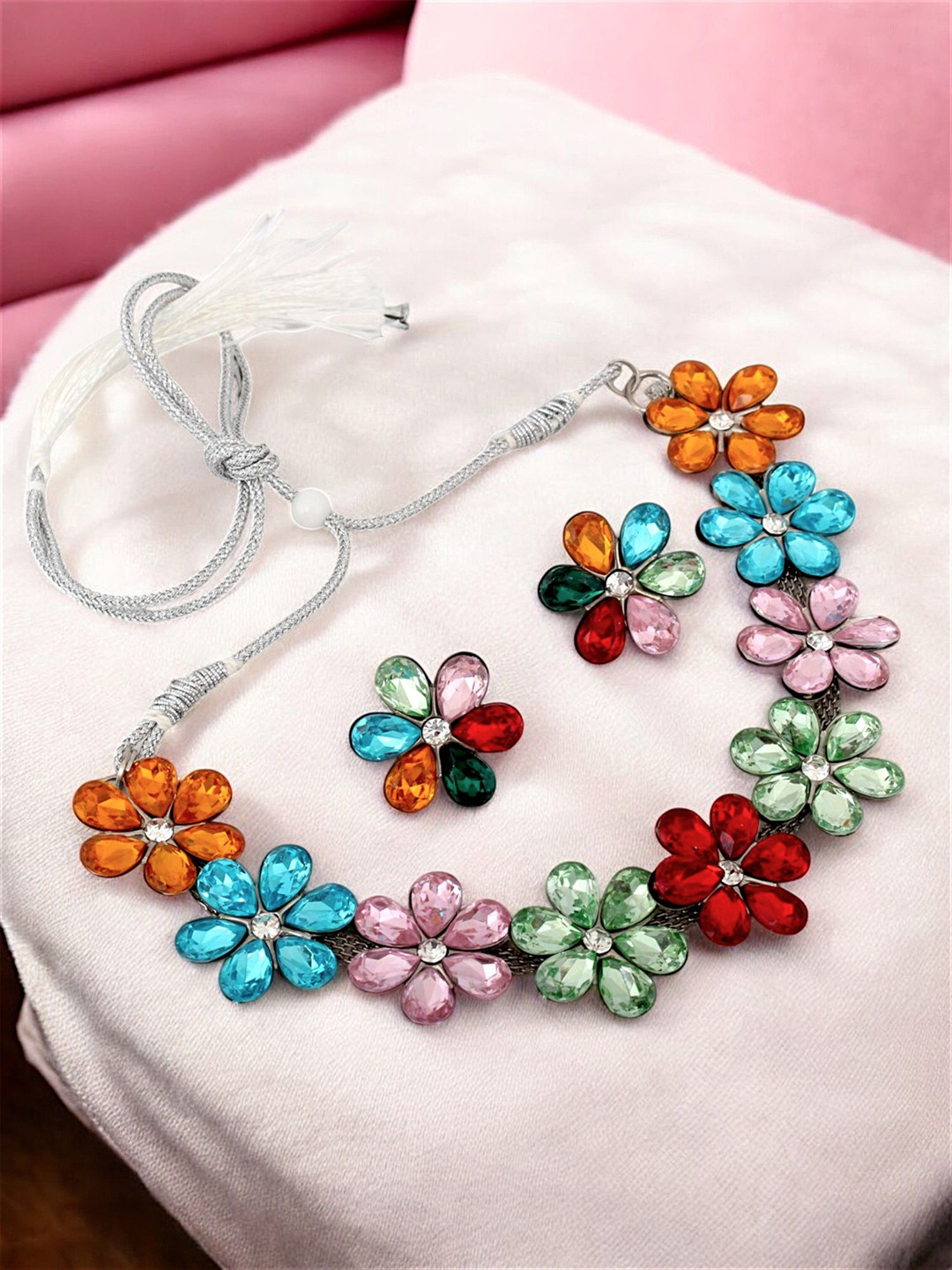 LUCKY JEWELLERY Silver-Plated Stone-Studded Oxidised Floral Choker Jewellery Set