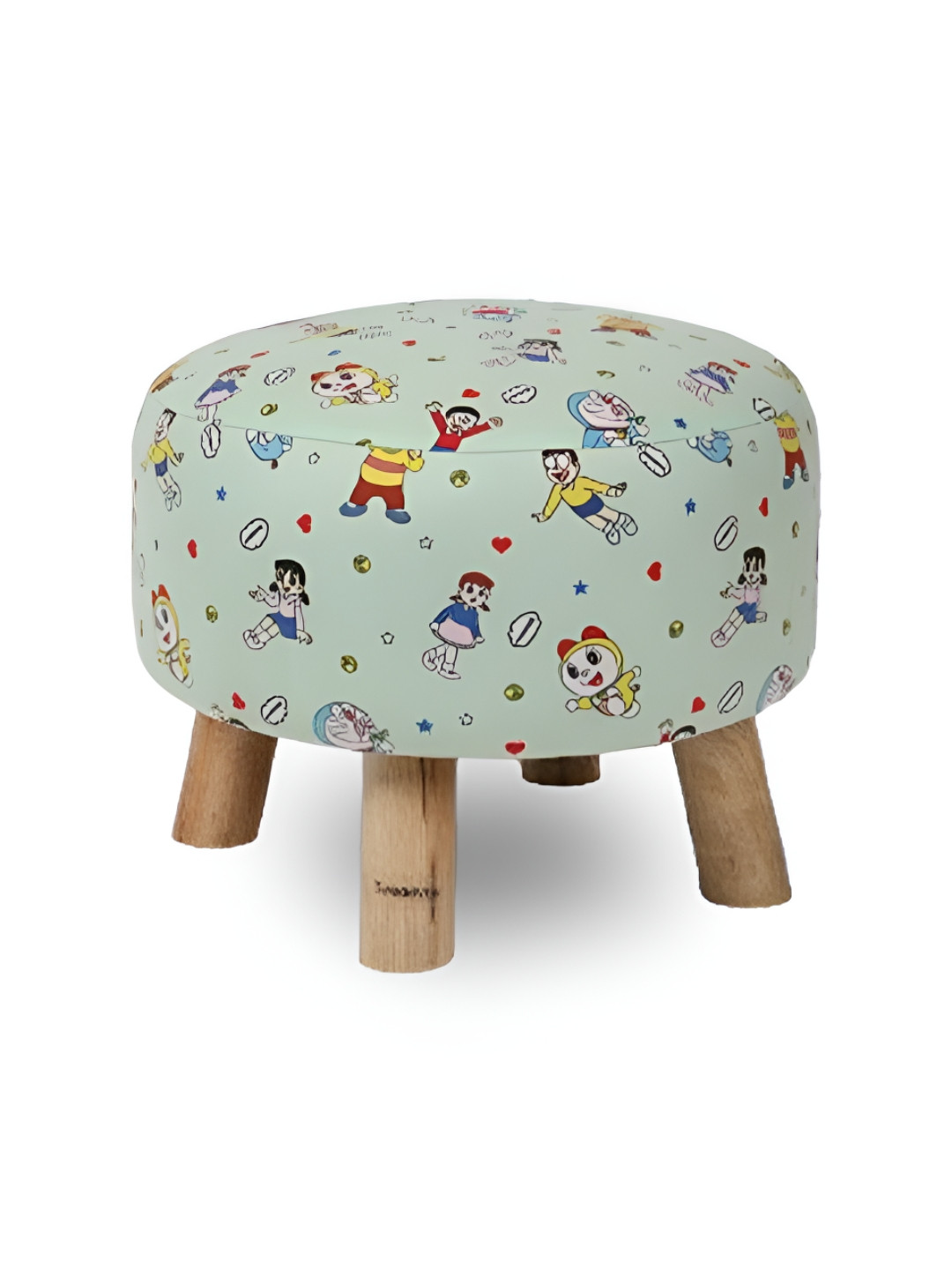 THREADVIBE LIVING Blue & Yellow Doraemon Printed Wooden & Velvet Round Ottoman