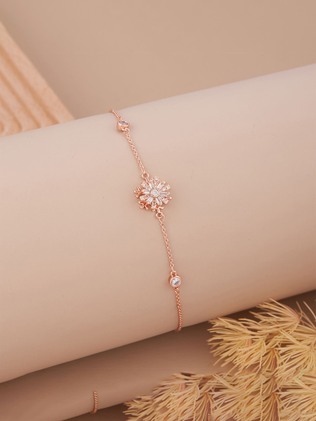 GC Jewelery Stainless Steel Rose Gold-Plated AD Floral Accents Sparkle Wraparound Bracelet