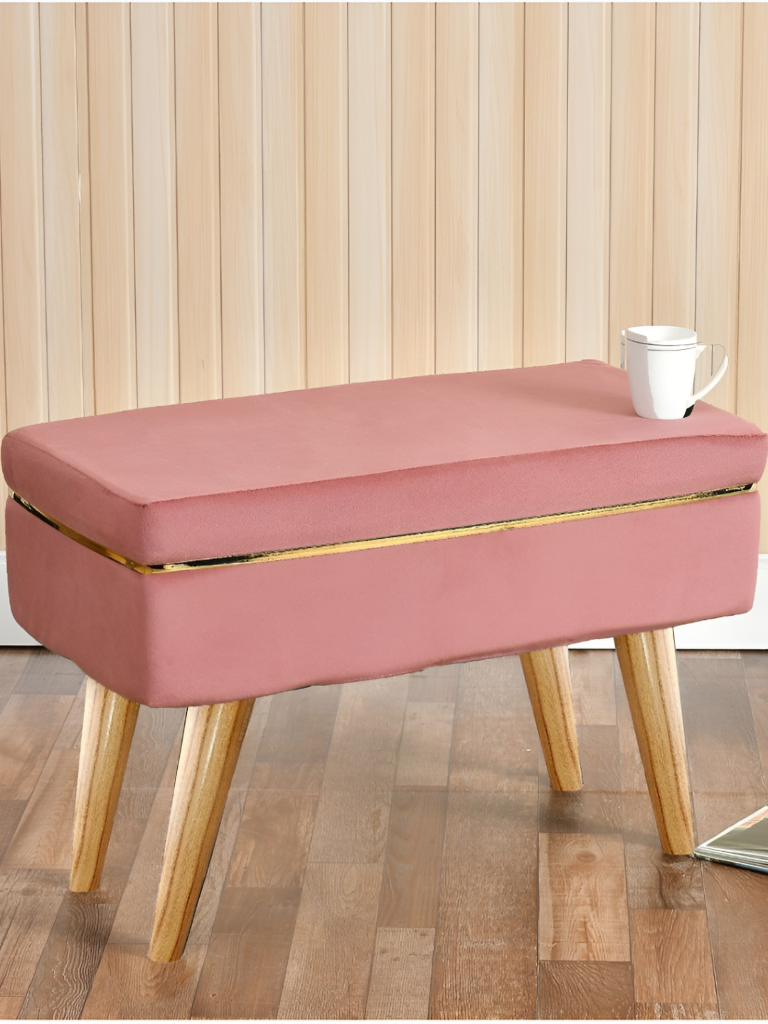 Shadowkart Pink & Brown Wooden & Velvet Rectangle Ottoman