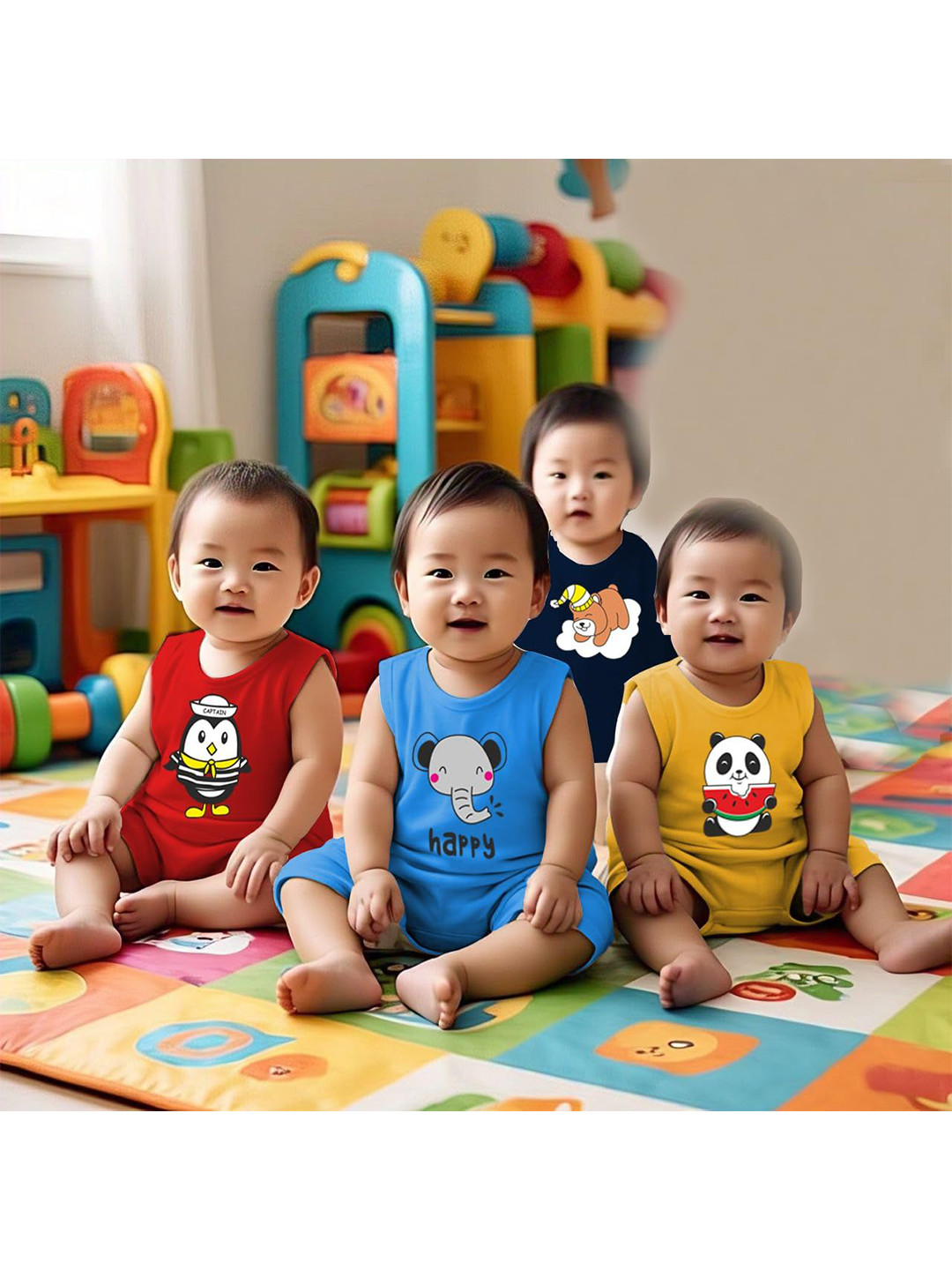 Kwitchy Unisex Pack Of 4 Cartoon Printed Pure Cotton T-shirt with Shorts