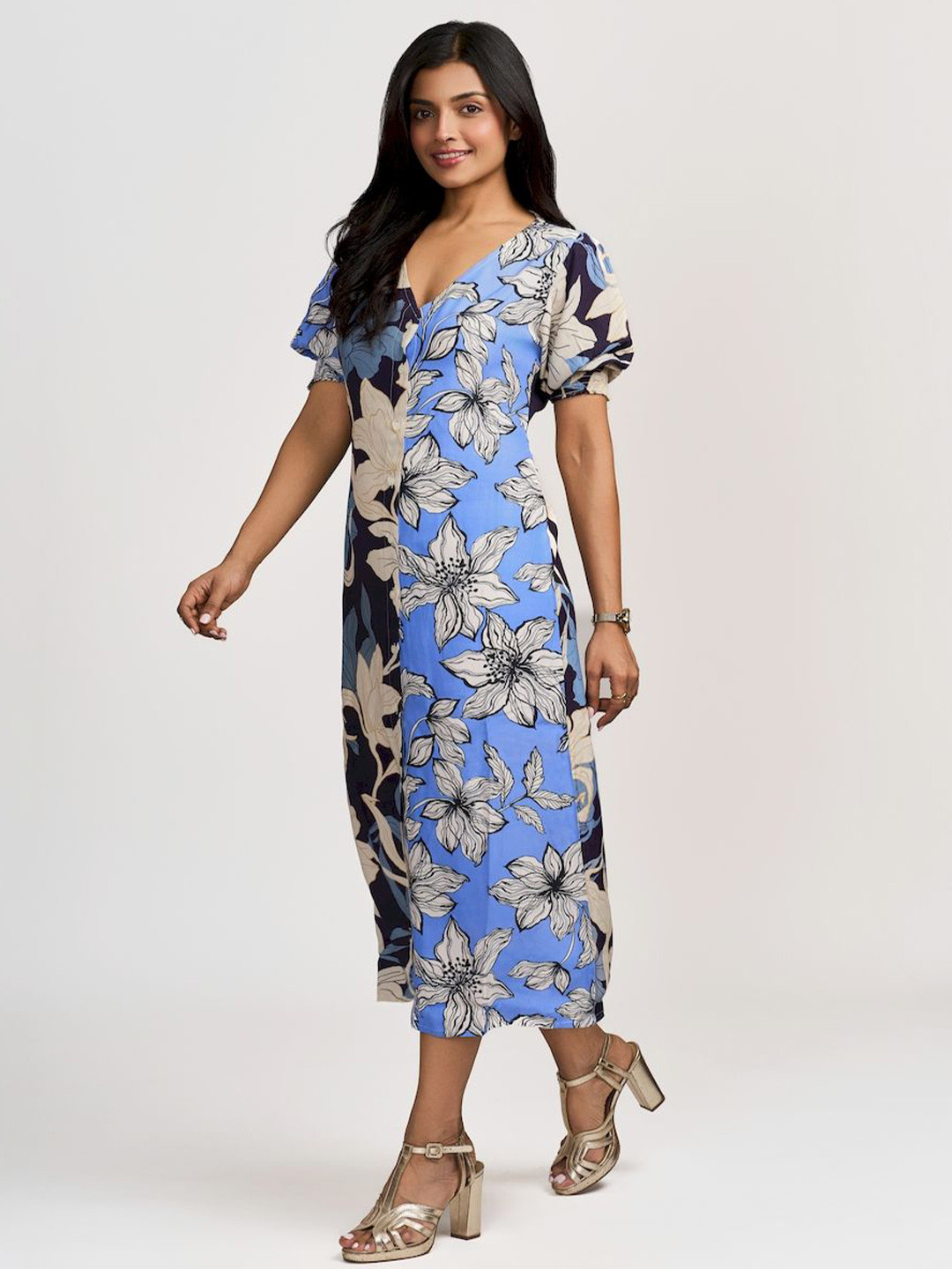 How When Wear Women Floral Print Flutter Sleeve A-Line Midi Dress