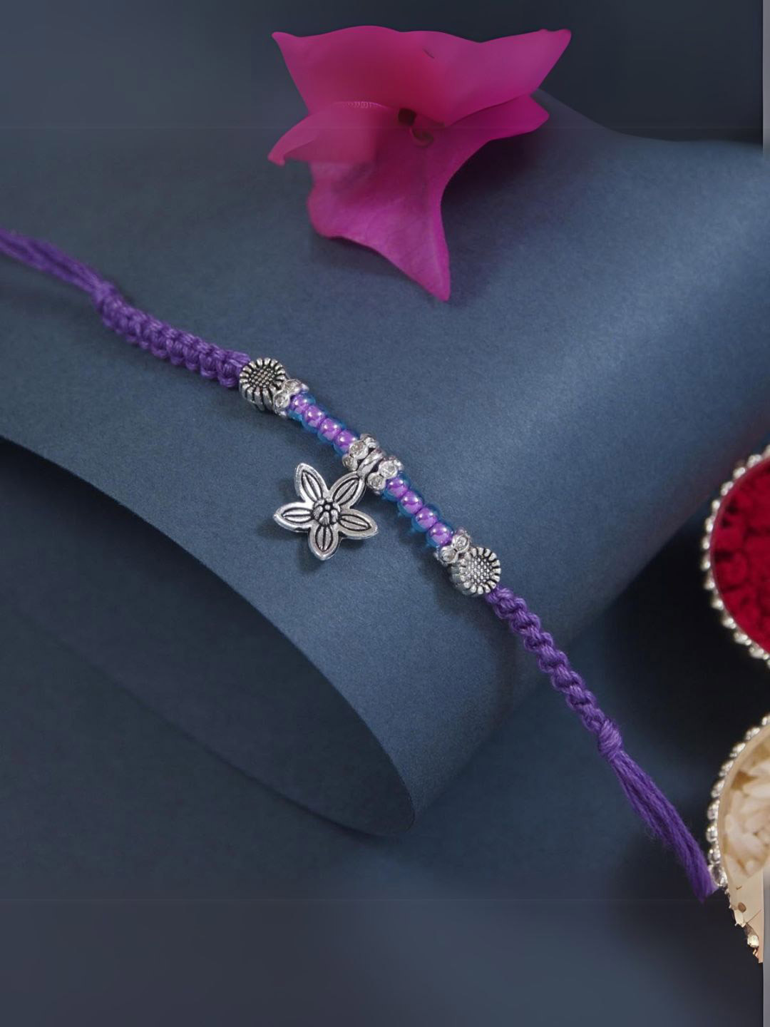I Jewels Silver Plated Artificial Stones Studded & Beaded Star Shaped Rakhi & Roli Chawal