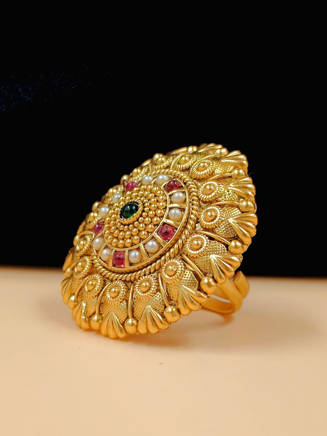 JYONA Gold-Plated Artificial Stones & Pearls Studded Adjustable Finger Ring