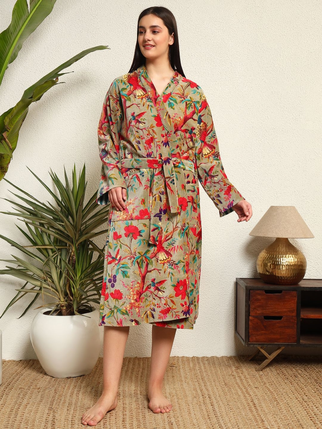 HANDICRAFT PALACE Bird Green Floral Velvet Drawstring Midi Bath Robe
