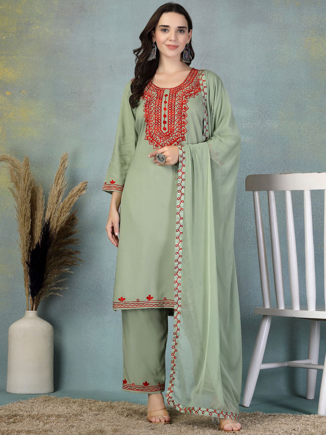 Clora Creation Floral Embroidered Thread Work Straght Kurta with Trouser & Dupatta