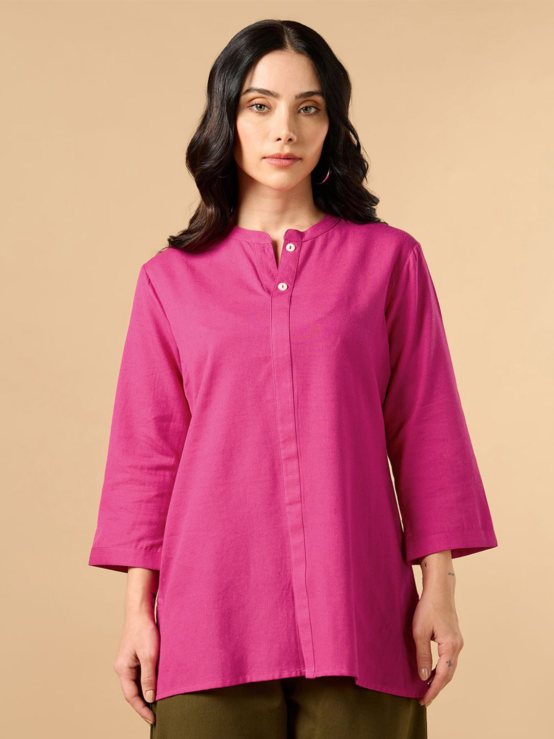 COTTONS DAILY Women Pink Solid Mandarin Collar Cotton Linen Kurta