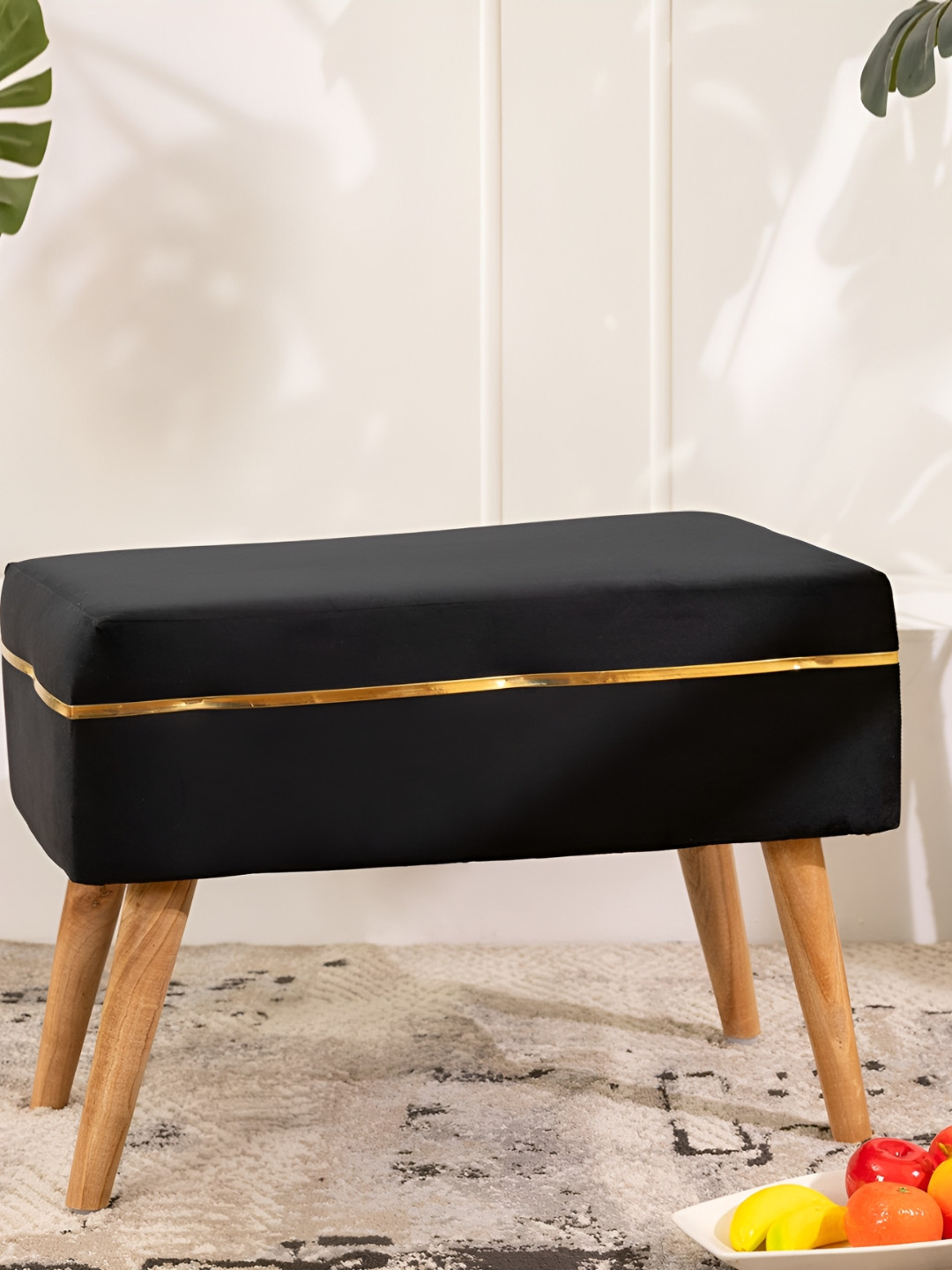 THREADVIBE LIVING Black & Brown Wooden & Velvet Rectangle Ottoman