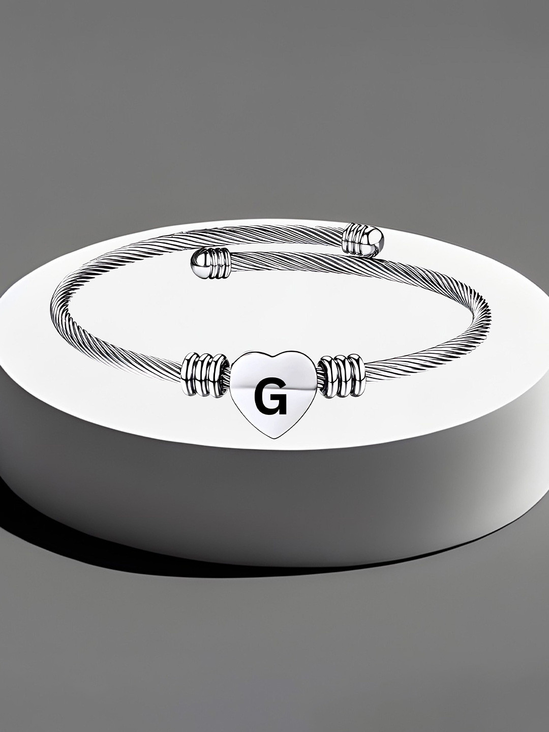 M Men Style Silver-Plated Stainless Steel Heart Initials Engraved G Cuff Bracelet