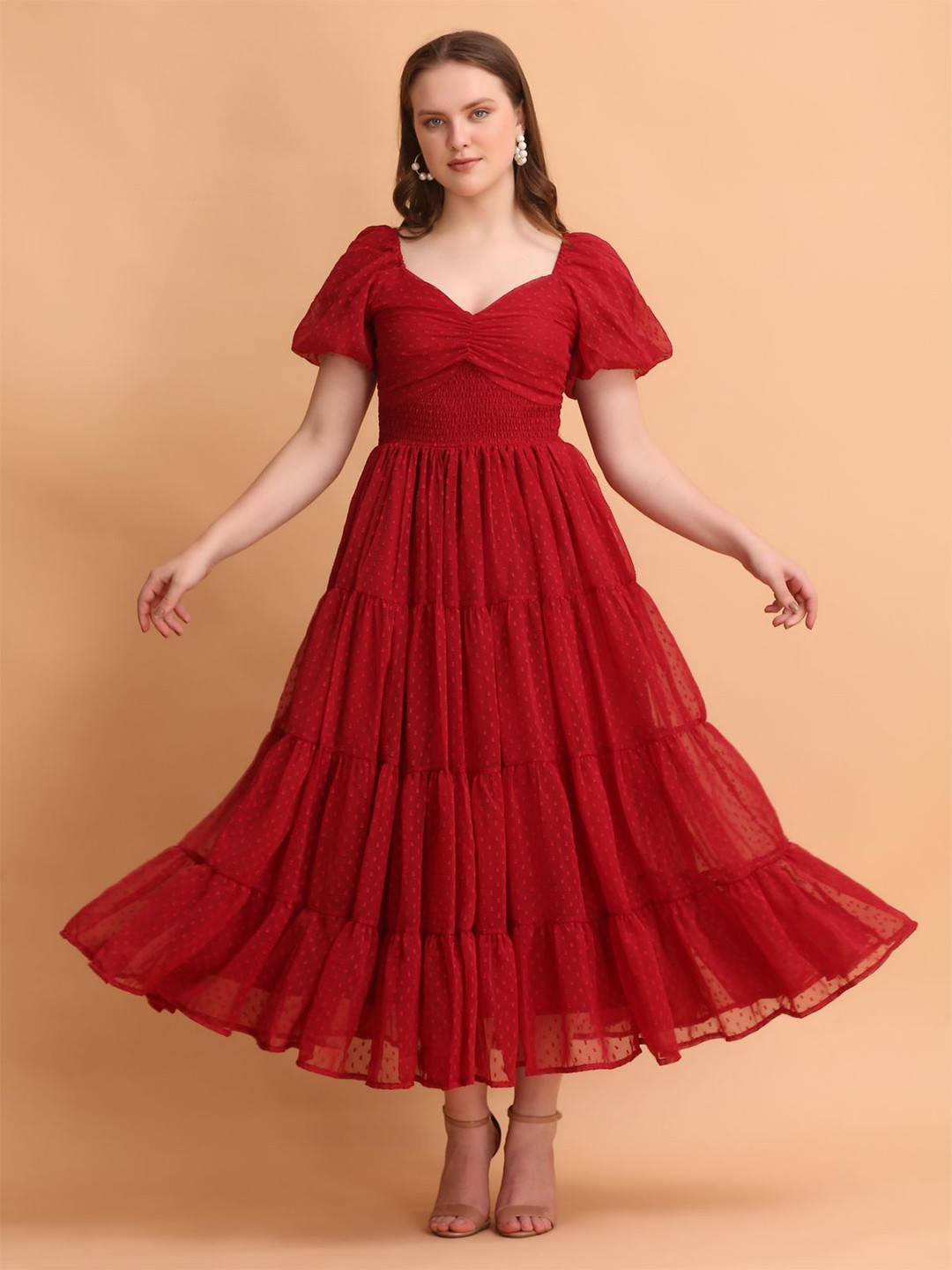 NOUN Women Self Design Sweetheart Neck Georgette Fit & Flare Maxi Dress