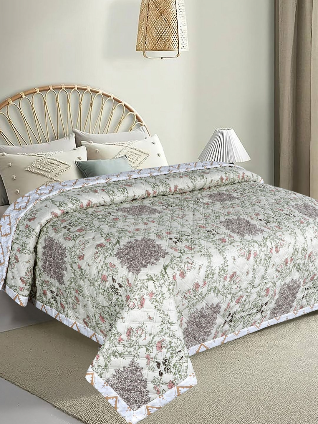 VAS COLLECTIONS Beige & Green Printed 280 TC Double Bed Queen Bed Cover
