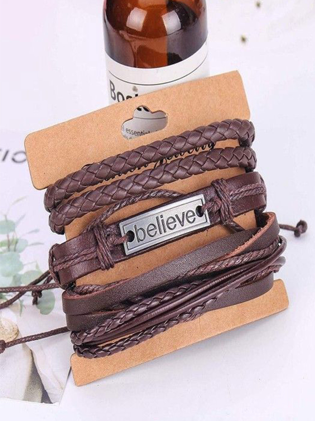 Ringzinnie Men Set Of 5 Leather Believe Wrap Layered Wraparound Bracelet